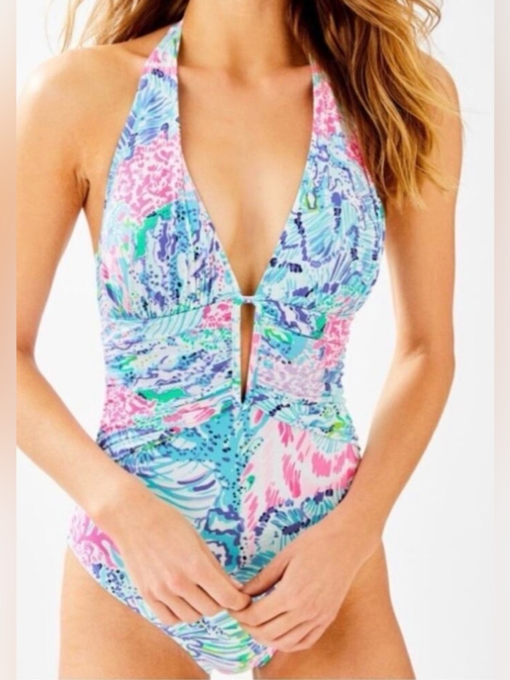 Lilly Pulitzer Lanai One-Piece Swimsuit in Aqua, Pink & Purple Floral Print